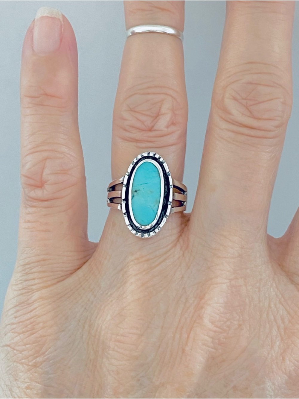 Sterling Silver Oval Genuine Turquoise Ring, Statement Rings, Stone Jewelry - Picture 14 of 14